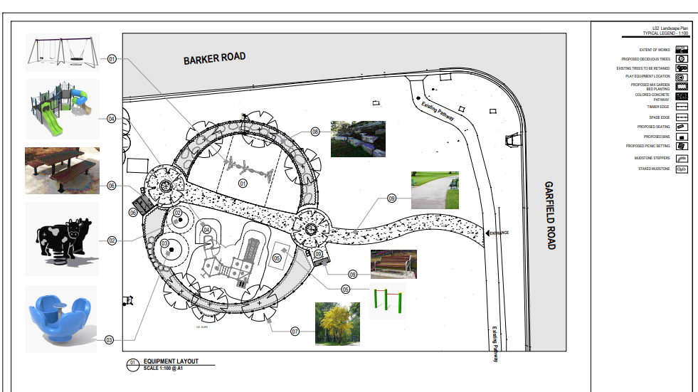 Barker Road Reserve, Garfield playground equipment layout